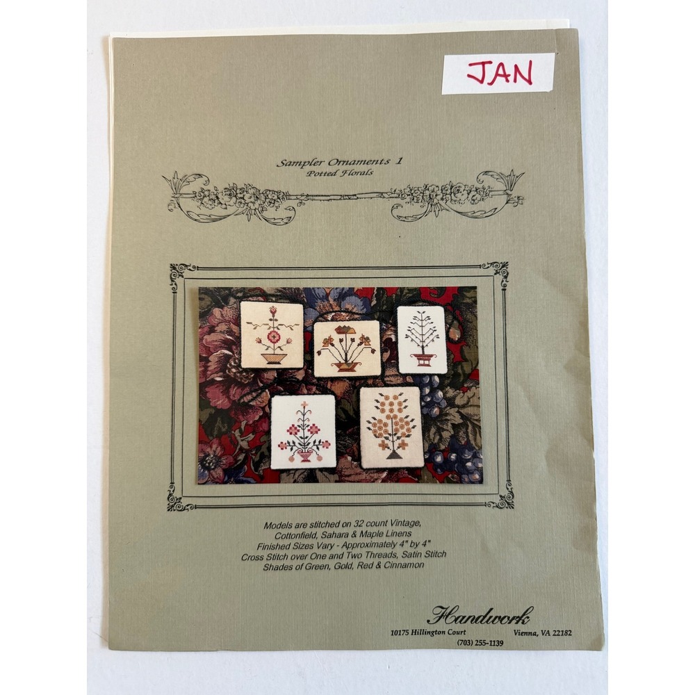 VTG Handwork Sampler Cross Stitch Ornaments Pattern Potted Florals Pattern